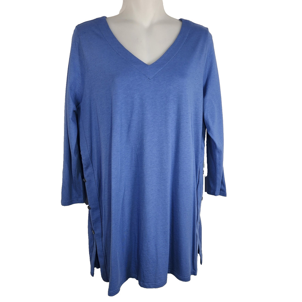 J Jill Womens Knit Tunic Top Blue V Neck 3/4 Sleeve Pullover Button Detail M